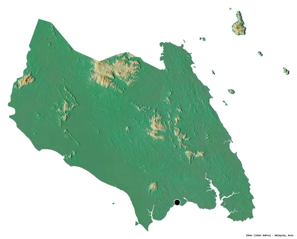 马来西亚州柔佛的形状 其首都被白色背景隔离 地形浮雕图 3D渲染 — 图库照片