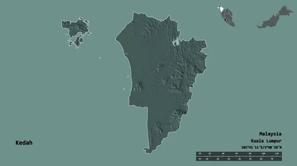 マレーシアの首都ケダの形は しっかりとした背景に隔離されています 距離スケール リージョンプレビュー およびラベル 色の標高マップ 3Dレンダリング — ストック写真