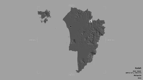 マレーシアの州ケダの地域は 洗練された境界の箱の中の強固な背景に隔離されています ラベル 標高マップ 3Dレンダリング — ストック写真