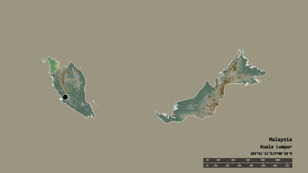 主要な地域部門と分離ケダ地域とマレーシアの荒廃した形状 ラベル 地形図 3Dレンダリング — ストック写真