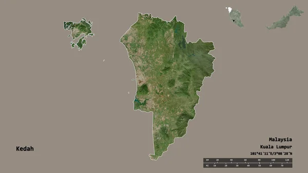 マレーシアの首都ケダの形は しっかりとした背景に隔離されています 距離スケール リージョンプレビュー およびラベル 衛星画像 3Dレンダリング — ストック写真