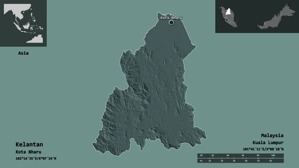 Form Kelantan Delstaten Malaysia Och Dess Huvudstad Avståndsskala Förhandsvisningar Och — Stockfoto