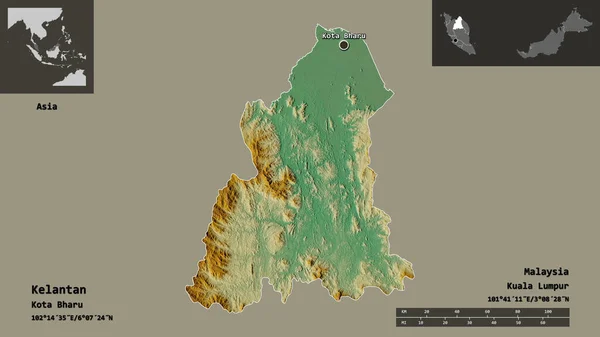 ケランタンの形 マレーシアの状態 およびその首都 距離スケール プレビューおよびラベル 地形図 3Dレンダリング — ストック写真