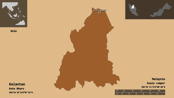 Форма Келантана Штата Малайзия Столицы Шкала Расстояний Предварительные Просмотры Метки — стоковое фото