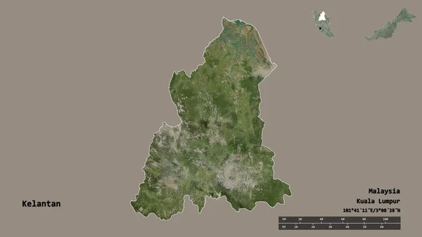 马来西亚开兰坦的形状 其首都在坚实的背景下与世隔绝 距离尺度 区域预览和标签 卫星图像 3D渲染 — 图库照片