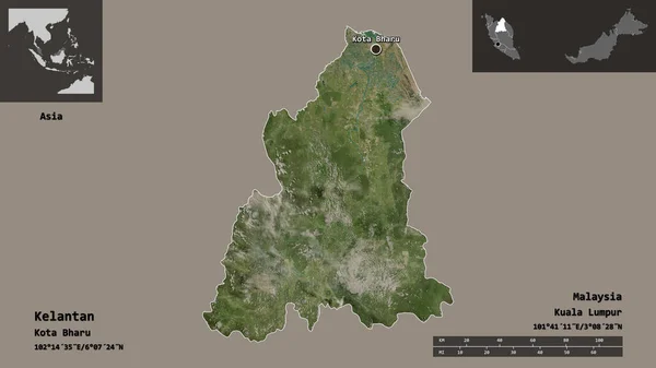 开兰丹的形状 马来西亚的州 及其首都 距离刻度 预览和标签 卫星图像 3D渲染 — 图库照片