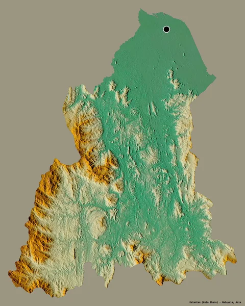 Форма Келантана Штат Малайзия Столицей Изолированы Твердом Цветном Фоне Топографическая — стоковое фото