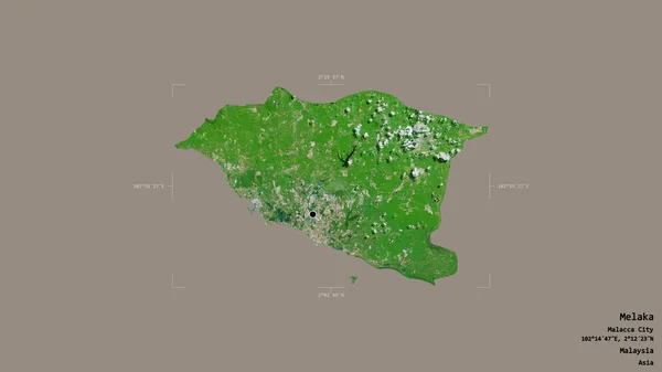 マレーシアの州であるメラカの地域は 洗練された境界ボックス内の強固な背景に隔離されています ラベル 衛星画像 3Dレンダリング — ストック写真