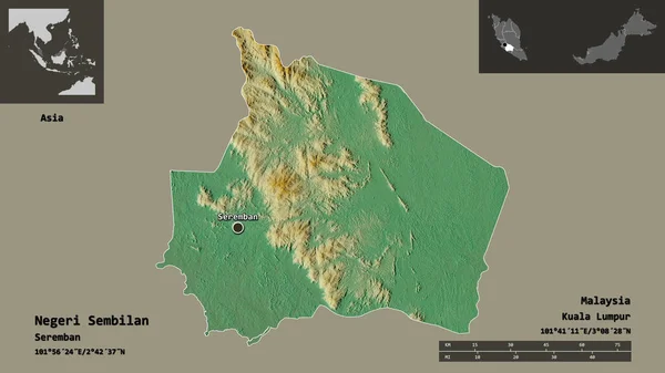ネゲリ センビランの形 マレーシアの状態 およびその首都 距離スケール プレビューおよびラベル 地形図 3Dレンダリング — ストック写真