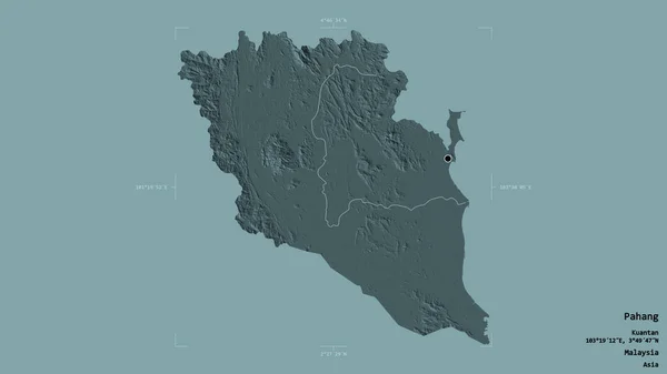 マレーシアのパハン州の地域は 洗練された境界ボックス内の強固な背景に隔離されています ラベル 色の標高マップ 3Dレンダリング — ストック写真