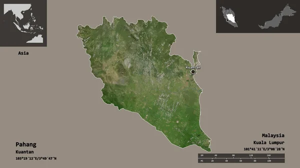 马来西亚国家及其首都帕汉的形状 距离刻度 预览和标签 卫星图像 3D渲染 — 图库照片