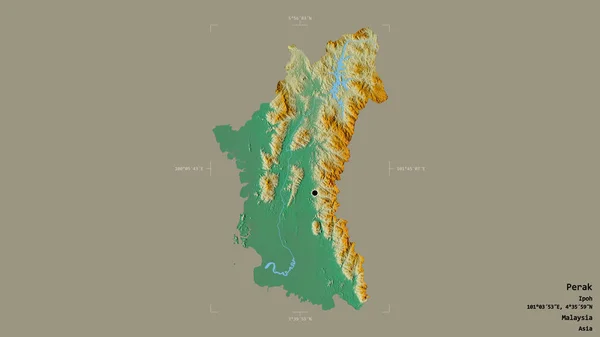 马来西亚州的霹雳地区 在一个地理参考方块中被隔离在坚实的背景下 地形浮雕图 3D渲染 — 图库照片