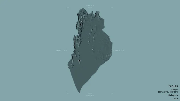 マレーシアの状態であるペリスの地域は 洗練された境界ボックス内の強固な背景に隔離されています ラベル 色の標高マップ 3Dレンダリング — ストック写真