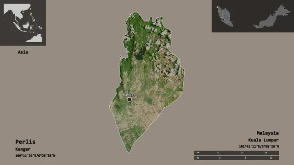 马来西亚国家的形状和首都Perlis 距离刻度 预览和标签 卫星图像 3D渲染 — 图库照片