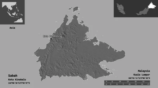 Forma Sabah Estado Malasia Capital Escala Distancia Vistas Previas Etiquetas — Foto de Stock