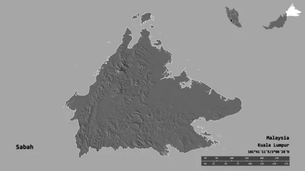 マレーシアのサバ州の形で その首都はしっかりとした背景に隔離されています 距離スケール リージョンプレビュー およびラベル 標高マップ 3Dレンダリング — ストック写真