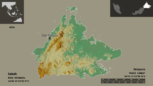 沙巴州的形状 马来西亚的州 及其首都 距离刻度 预览和标签 地形浮雕图 3D渲染 — 图库照片