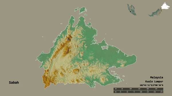马来西亚沙巴州的形状 其首都在坚实的背景下与世隔绝 距离尺度 区域预览和标签 地形浮雕图 3D渲染 — 图库照片