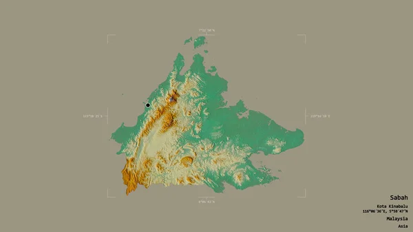 马来西亚沙巴州的一个地区 在一个地理参考方块中被隔离在坚实的背景下 地形浮雕图 3D渲染 — 图库照片