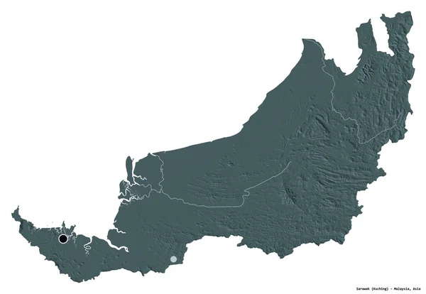 马来西亚沙捞越的形状 其首都被白色背景隔离 彩色高程图 3D渲染 — 图库照片