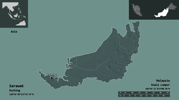 马来西亚沙捞越的形状及其首都 距离刻度 预览和标签 彩色高程图 3D渲染 — 图库照片