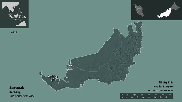 Форма Саравака Штата Малайзия Столицы Шкала Расстояний Предварительные Просмотры Метки — стоковое фото