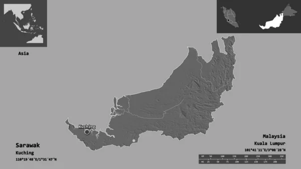 Forma Sarawak Estado Malásia Sua Capital Escala Distância Previews Rótulos — Fotografia de Stock