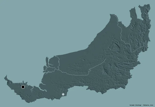 マレーシアのサラワク州の形で その首都はしっかりとした色背景に隔離されています 色の標高マップ 3Dレンダリング — ストック写真