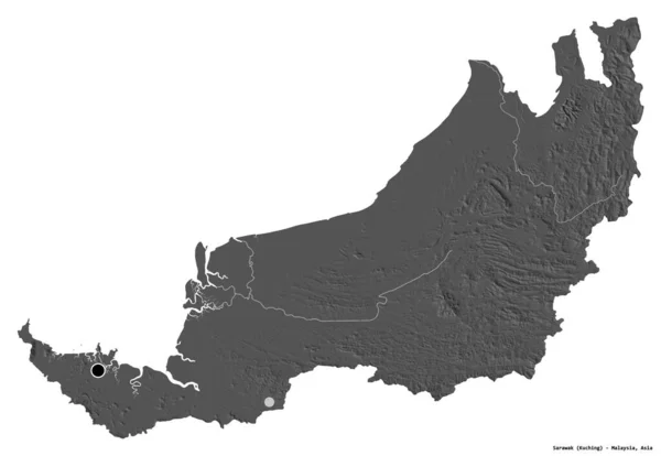 マレーシアのサラワク州の形で 首都は白い背景に孤立している 標高マップ 3Dレンダリング — ストック写真