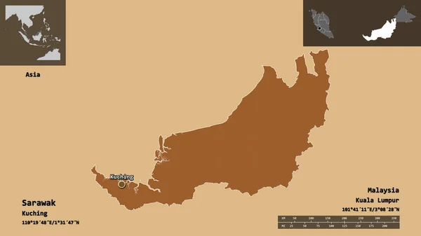 Bentuk Sarawak Negara Bagian Malaysia Dan Ibukotanya Skala Jarak Pratinjau — Stok Foto