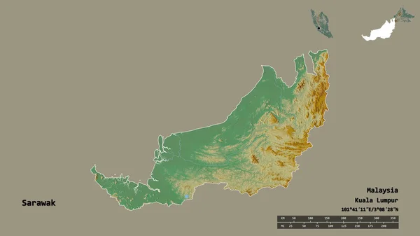 Shape Sarawak Bundesstaat Malaysia Mit Seiner Hauptstadt Isoliert Auf Festem — Stockfoto