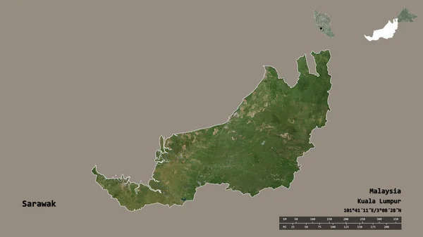 马来西亚沙捞越的形状 其首都在坚实的背景下与世隔绝 距离尺度 区域预览和标签 卫星图像 3D渲染 — 图库照片