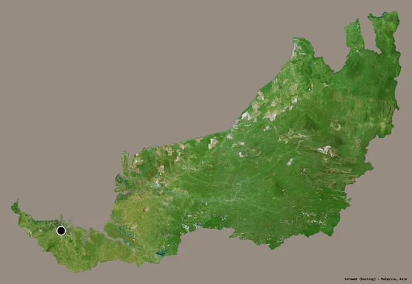 Форма Саравака Штат Малайзия Столицей Изолированной Сплошном Цветном Фоне Спутниковые — стоковое фото