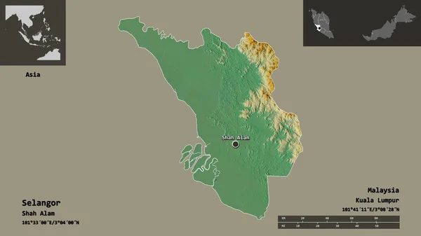 色兰哥州的形状 马来西亚的州 及其首都 距离刻度 预览和标签 地形浮雕图 3D渲染 — 图库照片
