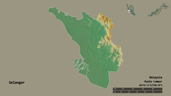 马来西亚塞兰哥州的形状 其首都在坚实的背景下与世隔绝 距离尺度 区域预览和标签 地形浮雕图 3D渲染 — 图库照片