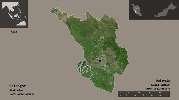 セランゴールの形状 マレーシアの状態 およびその首都 距離スケール プレビューおよびラベル 衛星画像 3Dレンダリング — ストック写真