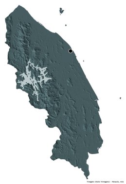 Trengganu, Malezya eyaleti, başkenti beyaz arka planda izole edilmiş. Renkli yükseklik haritası. 3B görüntüleme