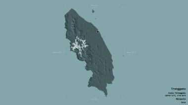 Trengganu bölgesi, Malezya eyaleti, katı bir arka planda izole edilmiş bir sınır kutusunda. Etiketler. Renkli yükseklik haritası. 3B görüntüleme