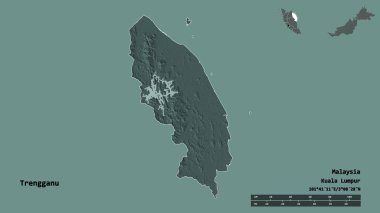 Trengganu 'nun şekli, Malezya eyaleti, başkenti sağlam bir zemin üzerinde izole edilmiş. Uzaklık ölçeği, bölge önizlemesi ve etiketleri. Renkli yükseklik haritası. 3B görüntüleme