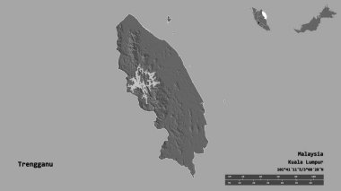Trengganu 'nun şekli, Malezya eyaleti, başkenti sağlam bir zemin üzerinde izole edilmiş. Uzaklık ölçeği, bölge önizlemesi ve etiketleri. Çift seviyeli yükseklik haritası. 3B görüntüleme
