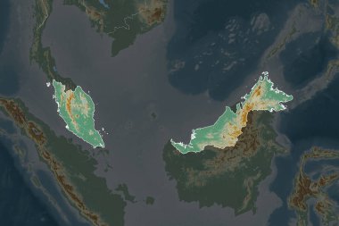 Malezya 'nın şekli, komşu bölgelerin dedoygunluğuyla ayrılır. Sınırlar. Topografik yardım haritası. 3B görüntüleme