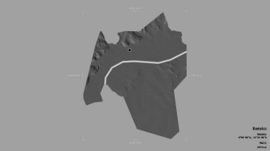 Bamako bölgesi, Mali bölgesi, katı bir arka planda izole edilmiş bir sınır kutusunda. Etiketler. Çift seviyeli yükseklik haritası. 3B görüntüleme