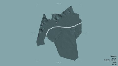Bamako bölgesi, Mali bölgesi, katı bir arka planda izole edilmiş bir sınır kutusunda. Etiketler. Renkli yükseklik haritası. 3B görüntüleme