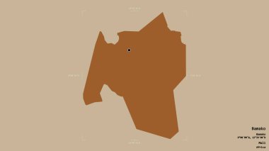 Bamako bölgesi, Mali bölgesi, katı bir arka planda izole edilmiş bir sınır kutusunda. Etiketler. Desenli dokuların bileşimi. 3B görüntüleme