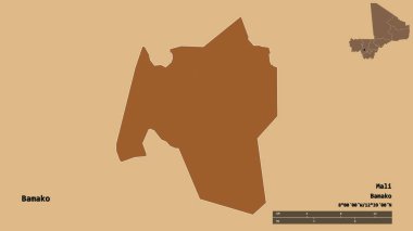 Mali 'nin Bamako ilçesi, başkenti sağlam arka planda izole edilmiş. Uzaklık ölçeği, bölge önizlemesi ve etiketleri. Düzenli desenli dokuların bileşimi. 3B görüntüleme