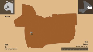 Gao 'nun şekli, Mali bölgesi ve başkenti. Uzaklık ölçeği, ön gösterimler ve etiketler. Düzenli desenli dokuların bileşimi. 3B görüntüleme