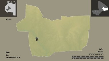 Gao 'nun şekli, Mali bölgesi ve başkenti. Uzaklık ölçeği, ön gösterimler ve etiketler. Topografik yardım haritası. 3B görüntüleme