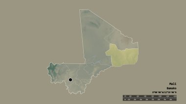 Başkenti, ana bölgesel bölümü ve ayrılmış Gao bölgesiyle Mali 'nin dejenere edilmiş şekli. Etiketler. Topografik yardım haritası. 3B görüntüleme