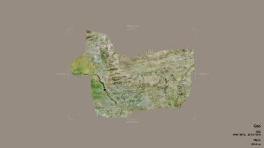 Gao bölgesi, Mali bölgesi, katı bir arka planda izole edilmiş bir sınır kutusunda. Etiketler. Uydu görüntüleri. 3B görüntüleme