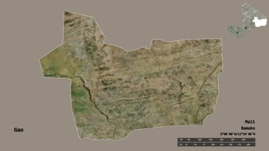 Gao 'nun şekli, Mali bölgesi, sermayesi katı bir zemin üzerinde izole edilmiş. Uzaklık ölçeği, bölge önizlemesi ve etiketleri. Uydu görüntüleri. 3B görüntüleme